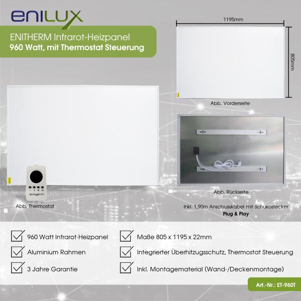 Enilux Infrarot-Heizpanel 960W mit Raumthermostat
